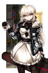 Rule 34 | 1girl, artoria pendragon (all), artoria pendragon (fate), blonde hair, casul, cup, disposable coffee cup, disposable cup, fate/grand order, fate (series), fur collar, fur trim, gothic lolita, guitar case, hair ribbon, highres, holding, holding cup, instrument case, jacket, lolita fashion, looking at viewer, pantyhose, ponytail, ribbon, saber alter, skirt, solo, unzipped, upper body, yellow eyes