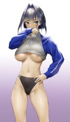 Rule 34 | 1girl, absurdres, areola slip, black hair, black panties, blue eyes, blue nails, blush, breasts, clueless, covering own mouth, cowboy shot, cropped jacket, female pubic hair, hair intakes, hand on own hip, hand up, highleg, highleg panties, highres, hololive, hololive english, jacket, kuroi suna, large breasts, long sleeves, multicolored clothes, multicolored jacket, nail polish, ouro kronii, panties, pubic hair, pubic hair peek, short hair, sideways glance, solo, standing, sweat, two-tone jacket, underboob, underwear, virtual youtuber, zipper