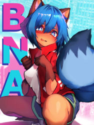 Rule 34 | 1girl, absurdres, animal ears, bad id, bad pixiv id, blue eyes, blue hair, blue shorts, blush, body fur, brand new animal, breasts, clenched hands, commentary, furry, furry female, highres, jacket, kagemori michiru, medium breasts, open mouth, paw pose, raccoon ears, raccoon girl, raccoon tail, red jacket, shirt, short hair, short shorts, shorts, solo, spread legs, squatting, tab head, tail, track jacket, white shirt