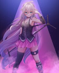 Rule 34 | 1girl, absurdres, asymmetrical legwear, black choker, blue eyes, braid, breasts, cevio, choker, commentary, hair between eyes, hatyomugi00, highres, ia (vocaloid), kneehighs, long hair, looking at viewer, medium breasts, microphone, microphone stand, pink skirt, pleated skirt, single thighhigh, skirt, smile, socks, solo, standing, thighhighs, thighs, v, very long hair, vocaloid