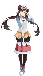 Rule 34 | 1girl, absurdres, back bow, bag, black pantyhose, bow, brown hair, closed mouth, creatures (company), double bun, floating hair, full body, game freak, green eyes, hair bun, head tilt, high tops, highres, holding, holding bag, long hair, long sleeves, looking at viewer, miniskirt, nintendo, pantyhose, pokemon, pokemon bw2, raglan sleeves, rosa (pokemon), shoes, simple background, skirt, smile, sneakers, twintails, v over eye, very long hair, white background, wuzhihuijia, yellow skirt
