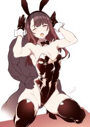 Rule 34 | 1girl, animal ears, bare shoulders, batta 16-sei, blush, bow, bowtie, breasts, brown eyes, brown hair, character request, clothed female nude male, copyright request, covered penetration, detached collar, fake animal ears, full body, grabbing, hetero, high heels, highres, implied penetration, leotard, long hair, nude, one eye closed, open mouth, playboy bunny, rabbit ears, shoes, small breasts, squatting, strapless, strapless leotard, thick thighs, thighs, wrist cuffs