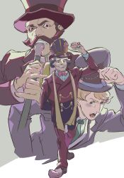 Rule 34 | 3boys, absurdres, ace attorney, arm behind back, blonde hair, blue eyes, bow, bowtie, brown hair, bruce fairplay, cane, facial hair, formal, full body, green necktie, hat, highres, holding, holding cane, jacket, jewelry, lay d. furst, long sleeves, magnus mcgilded, male focus, mature male, multiple boys, mustache, necktie, open mouth, pink bow, pink bowtie, purple jacket, ring, shirt, smile, standing, suit, teeth, the great ace attorney, the great ace attorney: adventures, top hat, udohepu, white shirt