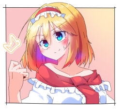 Rule 34 | 1girl, alice margatroid, blonde hair, blue eyes, blush, capelet, clenched hand, closed mouth, dondyuruma, frilled hairband, frills, hairband, lolita hairband, medium hair, red hairband, smile, solo, sweatdrop, touhou, white capelet
