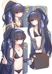 Rule 34 | 1girl, absurdres, bikini, black bikini, black hair, blue archive, blush, breasts, closed mouth, collarbone, cup, grey jacket, hairband, halo, highres, holding, holding cup, jacket, jewelry, long hair, long sleeves, multiple views, navel, one eye closed, pendant, purple eyes, purple hairband, ricke 2002, small breasts, swimsuit, ui (blue archive), ui (swimsuit) (blue archive), v, yellow halo