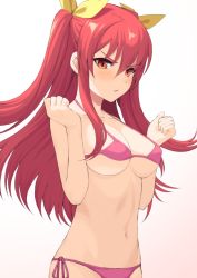 Rule 34 | 1girl, bare arms, bikini, blush, breasts, cleavage, clenched hands, collarbone, commentary request, cowboy shot, fagi (kakikaki), frown, gradient background, hair between eyes, hair ribbon, hands up, large breasts, long hair, looking at viewer, micro bikini, navel, parted lips, pink bikini, rakudai kishi no cavalry, red eyes, red hair, ribbon, side-tie bikini bottom, sidelocks, simple background, solo, stella vermillion, stomach, string bikini, swimsuit, two-tone background, two side up, underboob, v-shaped eyebrows, white background, yellow ribbon