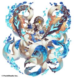 Rule 34 | 1girl, blue eyes, breasts, bubble, cephalopod eyes, colored skin, extra eyes, full body, long hair, looking at viewer, medium breasts, monster girl, nautilus (animal), original, scylla, solo, suction cups, tentacle hair, tentacles, water, white background, white hair, white skin, yellow eyes, yuzu shio