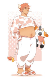 Rule 34 | 1boy, animal ears, animal print, bara, bell, belly, belt collar, collar, cow boy, cow ears, cow horns, cow print, cow tail, cowbell, cropped sweater, dark-skinned male, dark skin, facial hair, fat, fat man, hair over one eye, hay, highres, holding, holding stuffed toy, hood, hood down, hooded jacket, horns, jacket, male focus, mature male, midriff, moosopp, mouth hold, navel, navel hair, original, pig print, pink hair, print jacket, sal (moosopp), sandals, short hair, solo, stubble, stuffed animal, stuffed cow, stuffed toy, tail, thick eyebrows