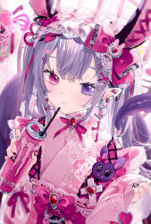Rule 34 | 1girl, :3, black nails, blush, bow, can, closed mouth, commentary request, cross hair ornament, day, flower, frilled hairband, frills, gem, glass, hair flower, hair ornament, hairband, hairclip, heterochromia, highres, holding, holding can, indoors, japanese clothes, kimono, lolita fashion, monster energy, neck ribbon, new year, original, pink bow, pink eyes, pink flower, pink hairband, pink kimono, pink ribbon, purple eyes, red gemstone, ribbon, sakurato remi, sidelocks, smile, solo, standing, sunlight, upper body, wa lolita