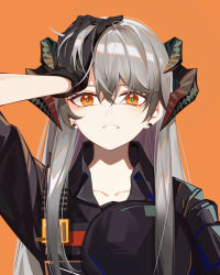 Rule 34 | 1girl, absurdres, arknights, black gloves, black horns, black shirt, collared shirt, dragon horns, earrings, gloves, green pupils, hand in own hair, hand on own head, hat, highres, holding, holding clothes, holding hat, horns, jewelry, long hair, official alternate costume, open collar, orange background, orange eyes, rain-kun, saria (arknights), saria (the law) (arknights), shirt, silver hair, simple background, solo, unworn hat, unworn headwear