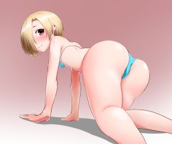 Rule 34 | 1girl, absurdres, all fours, ass, bare shoulders, bikini, blonde hair, blue bikini, blush, closed mouth, commentary request, covered erect nipples, earrings, flat chest, from behind, gradient background, hadacra, hair over one eye, highres, idolmaster, idolmaster cinderella girls, jewelry, looking at viewer, looking back, micro bikini, pink background, red eyes, shiny skin, shirasaka koume, short hair, smile, solo, swimsuit, white background