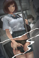 Rule 34 | 1girl, bag, black bow, black bowtie, black panties, bow, bowtie, brown hair, closed mouth, collared shirt, commentary, concealed weapon, cowboy shot, dutch angle, genso, gun, handgun, highres, holstered, looking at viewer, medium skirt, original, panties, pistol, pleated skirt, revealing layer, shirt, shirt tucked in, short hair, short sleeves, shoulder bag, skirt, solo, standing, symbol-only commentary, train interior, underwear, weapon, white shirt, x-ray