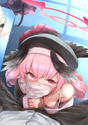 Rule 34 | 1boy, 1girl, absurdres, beret, black headwear, black wings, blue archive, blush, breasts, censored, commentary request, feathered wings, fellatio, fellatio under mask, hat, head wings, hetero, highres, koharu (blue archive), low wings, mask, medium hair, mosaic censoring, mouth mask, nipples, one breast out, oral, penis grab, pink eyes, pink hair, pink skirt, pleated skirt, pov, skirt, small breasts, sota, tearing up, twintails, variant set, wings