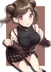 Rule 34 | 1girl, absurdres, blush, border, breasts, brown background, brown hair, brown jacket, commentary request, double bun, hair bun, hair ornament, hairclip, highres, idolmaster, idolmaster shiny colors, jacket, large breasts, leaning forward, looking at viewer, megurumiru, off shoulder, plaid, plaid skirt, red eyes, ribbed sweater, short hair, skirt, sleeveless, sleeveless sweater, sleeveless turtleneck, smile, solo, sonoda chiyoko, sweater, turtleneck, turtleneck sweater, white border, x hair ornament
