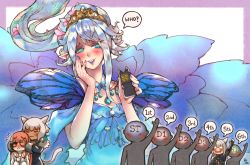 Rule 34 | animal ears, blue eyes, blue hair, blush, cat ears, dress, faceless, faceless male, final fantasy, final fantasy xiv, flower, frown, glasses, hand over another&#039;s eyes, hand up, highres, hjz (artemi), jewelry, long hair, nail polish, necklace, pointy ears, ponytail, purple nails, red hair, robe, ryne waters, smile, tail, taser, tiara, titania (final fantasy), white hair, wings, y&#039;shtola rhul