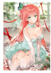 Rule 34 | 1girl, absurdres, bare shoulders, breasts, cleavage, closed mouth, collarbone, detached collar, dress, dsmile, elbow gloves, flower, garter straps, gloves, green dress, green eyes, hair ornament, highres, lips, looking at viewer, medium breasts, melonbooks, panties, petals, red hair, simple background, smile, solo, strapless, strapless dress, thighhighs, underwear, white gloves, white thighhighs