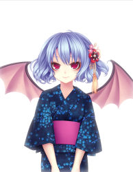 Rule 34 | 1girl, bad id, bad pixiv id, bat wings, blue eyes, female focus, hair ornament, highres, japanese clothes, kaka cheung, kimono, light smile, no headwear, no headwear, red eyes, remilia scarlet, short hair, solo, touhou, upper body, wings