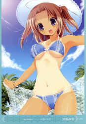 Rule 34 | 1girl, :d, absurdres, armpits, asymmetrical hair, bikini, blue bikini, bracelet, breasts, brown hair, cloud, day, fisheye, happy, hat, highres, image sample, jewelry, lace, looking at viewer, medium breasts, miyasaka miyu, navel, one-piece tan, open mouth, outdoors, outstretched arms, palm tree, purple eyes, red hair, shiny skin, short hair, side ponytail, sky, smile, solo, spread arms, summer, sun, sun hat, swimsuit, tan, tanline, tree, underboob
