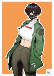 Rule 34 | 1girl, artist name, border, borrowed character, breasts, brown pants, coat, colorized, commentary, cowboy shot, crop top, english commentary, green coat, hands in pockets, highres, large breasts, linea alba, looking at viewer, louis vuitton (brand), mask, midriff, mouth mask, mura samee, navel, norman maggot, olive laurentia, orange background, original, outline, outside border, pants, pixie cut, short hair, simple background, solo, standing, supreme (brand), turtleneck, white background, white border, white outline