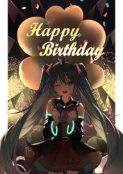Rule 34 | 1girl, ;d, absurdres, aerial fireworks, black skirt, black sleeves, blue eyes, blue hair, box, commentary request, confetti, detached sleeves, eighth note, fireworks, gift, gift box, happy birthday, hatsune miku, high-waist skirt, highres, lisu, long hair, long sleeves, looking at viewer, musical note, one eye closed, open mouth, pennant, shirt, skirt, sleeveless, sleeveless shirt, smile, solo, star (symbol), string of flags, twintails, very long hair, vocaloid, white shirt