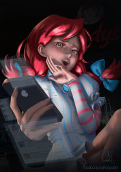 Rule 34 | 1girl, absurdres, artist name, bow, dark, freckles, hair bow, highres, holding, holding phone, lips, nail polish, ojou-sama pose, phone, quvi, red hair, smug, solo, striped, thighs, twitter, watermark, web address, wendy&#039;s, wendy (wendy&#039;s)