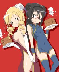 Rule 34 | 10s, 2girls, akemi homura, bad id, black hair, blonde hair, blush, braid, breasts, china dress, chinese clothes, cleavage, covered erect nipples, covered navel, dress, drill hair, elbow gloves, female focus, glasses, gloves, highres, hoshino., interlocked fingers, mahou shoujo madoka magica, multiple girls, no bra, no panties, purple eyes, red-framed eyewear, red background, short dress, side slit, sideboob, simple background, smile, thighhighs, tomoe mami, twin braids, twin drills, yellow eyes