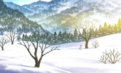 bare_tree branch commentary_request day forest hariken hat highres mountain nature no_humans original outdoors pine_tree red_hat red_scarf scarf scenery shadow snow snowman sunlight tree