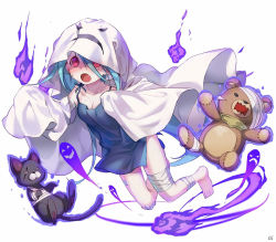 Rule 34 | 1girl, bandages, bandaged arm, bandaged leg, barefoot, blue hair, blush, breasts, collarbone, dokodemo dungeon, fang, floating, full body, ghost costume, hitodama, long hair, medium breasts, no pupils, official art, open mouth, red eyes, simple background, solo, stuffed animal, stuffed toy, sweatdrop, teddy bear, white background