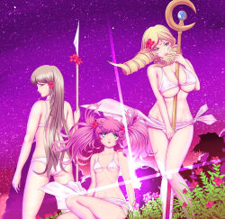Rule 34 | 3girls, alternate hair color, ass, back, between breasts, bikini, blonde hair, breasts, brown hair, drill hair, emmeryn (fire emblem), fire emblem, fire emblem awakening, flower, hair flower, hair ornament, harihisa, highres, large breasts, lissa (fire emblem), long hair, long legs, multiple girls, navel, nintendo, pink hair, polearm, sarong, siblings, sisters, small breasts, spear, staff, sumia (fire emblem), swimsuit, twin drills, twintails, underboob, weapon, white bikini, white sarong