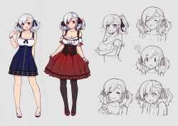 Rule 34 | 1girl, = =, ?, blush, breasts, cleavage, closed mouth, drooling, eating, girls&#039; frontline, grey hair, looking at viewer, multiple views, open mouth, pantyhose, red eyes, short hair, short twintails, smile, spas-12 (girls&#039; frontline), terras, twintails, wavy hair