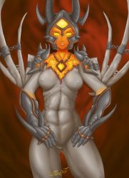 Rule 34 | 1girl, abs, bare hips, bare legs, biara, bottomless, breasts, cabbbriolet, chain, collarbone, colored skin, covered erect nipples, cowboy shot, crotchless, demon girl, demon horns, demon wings, gauntlets, grey skin, hands on own hips, helmet, heroes of might and magic, heroes of might and magic v, horns, jewelry, looking at viewer, medium breasts, might and magic, navel, necklace, no bra, no panties, nude, orange skin, red background, skull, smile, solo, standing, thighs, topless, wings, yellow eyes