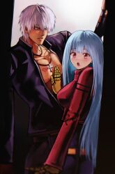 Rule 34 | 1boy, 1girl, billseonnyang, black jacket, blue eyes, blue hair, couple, cross, cross necklace, dark-skinned male, dark skin, gloves, hand on another&#039;s chest, highres, jacket, jewelry, k&#039; (kof), kula diamond, light blue hair, lipstick mark, lipstick mark on chest, long hair, necklace, red eyes, sweat, the king of fighters, white hair, yellow gloves