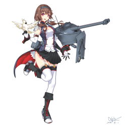 Rule 34 | 1girl, absurdres, bat.-chatillon 25 t (panzer waltz), bird, black skirt, boots, breasts, brown hair, cleavage, clothes lift, dated, elbow gloves, epaulettes, garter straps, gloves, highres, kyouki no kimi, long hair, looking at viewer, low twintails, military, miniskirt, official art, open mouth, panzer waltz, parrot, pleated skirt, purple eyes, signature, skirt, skirt lift, smile, standing, thighhighs, twintails, white background, white thighhighs, wrist cuffs