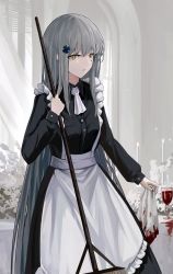 Rule 34 | 1girl, amamizu shizuku, apron, blue hair, closed mouth, commentary request, crossed bangs, cup, drinking glass, feet out of frame, girls&#039; frontline, glass, green eyes, highres, hk416 (girls&#039; frontline), holding, holding mop, long hair, looking at viewer, maid, maid apron, mop, simple background, solo, standing, table, teardrop facial mark, teardrop tattoo, wine glass