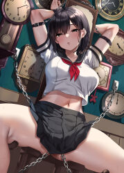 Rule 34 | 1girl, absurdres, arms behind head, black eyes, black hair, black skirt, blush, breasts, chain, clock, highres, jack dempa, large breasts, looking at viewer, lying, midriff, navel, neckerchief, on back, original, parted lips, red neckerchief, restrained, school uniform, serafuku, short hair, skirt, solo, sweat, thighs