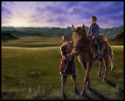 Rule 34 | 2boys, anbe yoshirou, bad id, bad pixiv id, boots, braid, brown hair, closed eyes, facial hair, grass, highres, horse, horseback riding, looking away, male focus, mountain, multiple boys, nature, original, outdoors, riding, saddle, sky, smile, sunset, white hair, wrinkled skin