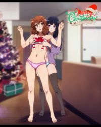 Rule 34 | 2girls, :o, barefoot, behind another, black hair, black legwear, blue panties, blurry, blurry background, bra, brown eyes, brown hair, christmas, christmas present, christmas tree, closed mouth, full body, gift, hands up, hibike! euphonium, highres, kousaka reina, living room, long hair, looking at another, medium hair, merry christmas, multiple girls, nail polish, navel, no pants, no shoes, open clothes, open mouth, open shirt, oumae kumiko, panties, pink panties, purple eyes, purple shirt, sbel02, shirt, smile, straight hair, teeth, thighhighs, underwear, underwear only, upper teeth only, wavy hair, yuri