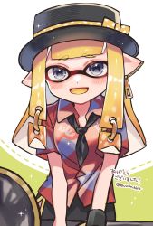 Rule 34 | 1girl, :d, black hat, black necktie, blonde hair, bow, breasts, colored tongue, furrowed brow, grey eyes, hat, hat bow, highres, inkling, inkling girl, inkling player character, long hair, looking at viewer, medium breasts, nautilus (splatoon), necktie, nintendo, open mouth, piercing, pointy ears, polka dot, polka dot bow, red shirt, shina shina, shirt, short sleeves, smile, solo, sparkle, splatoon (series), tentacle hair, twitter username, yellow bow, yellow tongue, zipper, zipper pull tab