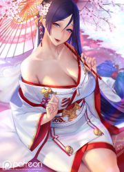 Rule 34 | 1girl, bare shoulders, blush, breasts, cleavage, dress, eyeliner, fate/grand order, fate (series), flower, gtunver, hair between eyes, hair flower, hair ornament, highres, japanese clothes, kimono, large breasts, long hair, looking at viewer, makeup, minamoto no raikou (fate), obi, off shoulder, parasol, parted bangs, parted lips, purple eyes, purple hair, sash, signature, sitting, smile, solo, tassel, umbrella, very long hair, wedding dress, white kimono, wide sleeves