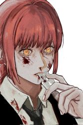 Rule 34 | 1girl, black jacket, black necktie, blood, blood on clothes, blood on face, chainsaw man, collared shirt, formal, highres, jacket, looking to the side, makima (chainsaw man), medium hair, nako (kumogumougu), necktie, razor blade, red hair, ringed eyes, shirt, sidelocks, simple background, solo, suit, white background, white shirt, yellow eyes