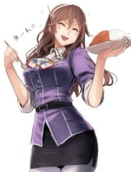 Rule 34 | 10s, 2girls, ahoge, ashigara (kancolle), belt, black belt, black skirt, breasts, brown hair, closed eyes, collared shirt, eating, fairy (kancolle), hair between eyes, hairband, headband, holding, holding plate, jacket, kantai collection, large breasts, long hair, mini person, minigirl, multiple girls, open mouth, pantyhose, pencil skirt, plate, purple jacket, remodel (kantai collection), rice, shirt, simple background, skirt, spoon, translated, utopia, white background, white hairband, white headband, white legwear