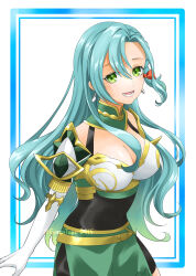 Rule 34 | 1girl, :d, absurdres, aqua hair, armor, blue border, border, bow, breasts, chloe (fire emblem), cleavage, commentary request, cowboy shot, elbow gloves, fire emblem, fire emblem engage, gloves, green eyes, green skirt, hair between eyes, hair bow, highres, large breasts, long hair, looking at viewer, midori no baku, nintendo, open mouth, outside border, partial commentary, pauldrons, red bow, shoulder armor, skirt, smile, solo, standing, very long hair, white background, white gloves
