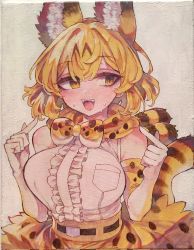 Rule 34 | 1girl, animal ears, blush, bow, bowtie, breast pocket, breasts, elbow gloves, fangs, gloves, highres, kemono friends, large breasts, marker (medium), open mouth, orange bow, orange bowtie, orange eyes, orange hair, orange skirt, pocket, pointing, pointing at self, serval (kemono friends), serval print, short hair, skirt, smile, solo, tail, teeth, traditional media, tsukeo, upper teeth only, white gloves