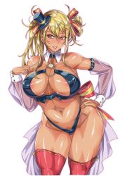 Rule 34 | 1girl, areola slip, bare shoulders, blonde hair, breasts, cleavage, covered erect nipples, curvy, dark-skinned female, dark skin, detached sleeves, digi (index girls), earrings, female focus, hat, index acg, jewelry, large breasts, long hair, momofuki rio, navel, open mouth, original, plump, puffy nipples, red eyes, revealing clothes, shiny skin, side ponytail, simple background, smile, solo, standing, thick thighs, thighhighs, thighs, thong, white background, wide hips