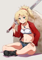 Rule 34 | 1girl, air 0497, blonde hair, breasts, clarent (fate), fate/apocrypha, fate (series), full body, green eyes, grin, highres, long hair, looking at viewer, medium breasts, mordred (fate), mordred (fate/apocrypha), mordred (memories at trifas) (fate), navel, ponytail, simple background, sitting, smile, solo, stone, sword, weapon