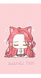 Rule 34 | 1girl, animal ear fluff, animal ears, blue archive, braid, cat ears, character name, chibi, closed eyes, closed mouth, diagonal stripes, facing viewer, forehead, full body, hair ribbon, highres, jacket, kemonomimi mode, pink background, red hair, ribbon, seno (senohime), shoes, sitting, sleeping, solo, striped, striped background, white footwear, white jacket, white ribbon, yuzu (blue archive), zzz
