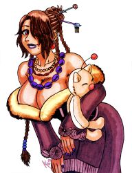 Rule 34 | aaronhibiki, bare shoulders, bead necklace, beads, bent over, black hair, braid, breasts, cleavage, doll, dress, earrings, eyeshadow, final fantasy, final fantasy x, fur trim, hair over one eye, highres, holding, holding doll, huge breasts, jewelry, large breasts, lipstick, long hair, lulu (ff10), makeup, mole, mole under mouth, moogle, multiple braids, necklace, solo, strapless, strapless dress, xxxhibiki