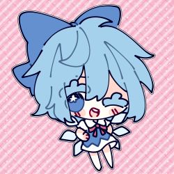 Rule 34 | 1girl, :d, absurdres, barefoot, blue bow, blue dress, blue eyes, blue hair, blush, bow, chibi, cirno, collared shirt, commentary, dress, full body, hair between eyes, hair bow, hands on own hips, highres, ice, ice wings, light blue hair, looking to the side, mangi5000, neck ribbon, one eye closed, open mouth, pinafore dress, pink background, puffy short sleeves, puffy sleeves, red ribbon, ribbon, shirt, short dress, short hair, short sleeves, sleeveless dress, smile, solo, standing, symbol-only commentary, teeth, thick eyebrows, touhou, upper teeth only, white shirt, wings