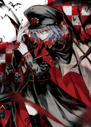Rule 34 | 1girl, alternate costume, bat (animal), bat wings, belt, blue hair, boots, checkered background, female focus, gloves, hat, looking at viewer, military, military uniform, minakata sunao, necktie, pentagram, red eyes, remilia scarlet, short hair, solo, thigh boots, thighhighs, touhou, uniform, wings