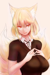 Rule 34 | 1girl, alternate costume, animal ears, blonde hair, blush, breasts, contemporary, dearmybrothers, female focus, fox ears, fox tail, highres, large breasts, looking at viewer, no headwear, open mouth, short sleeves, simple background, sketch, smile, solo, tail, touhou, upper body, yakumo ran, yellow eyes